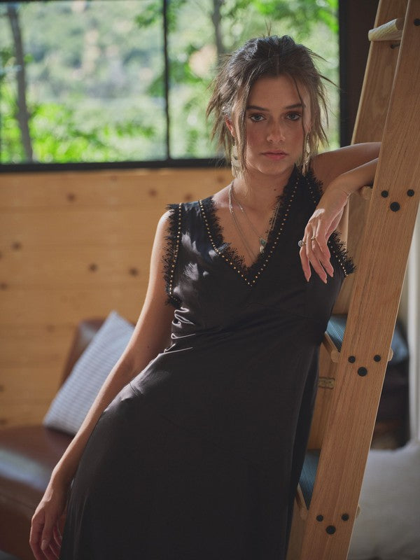 Asymmetrical Satin Studded Lace Sleeveless Midi Dress