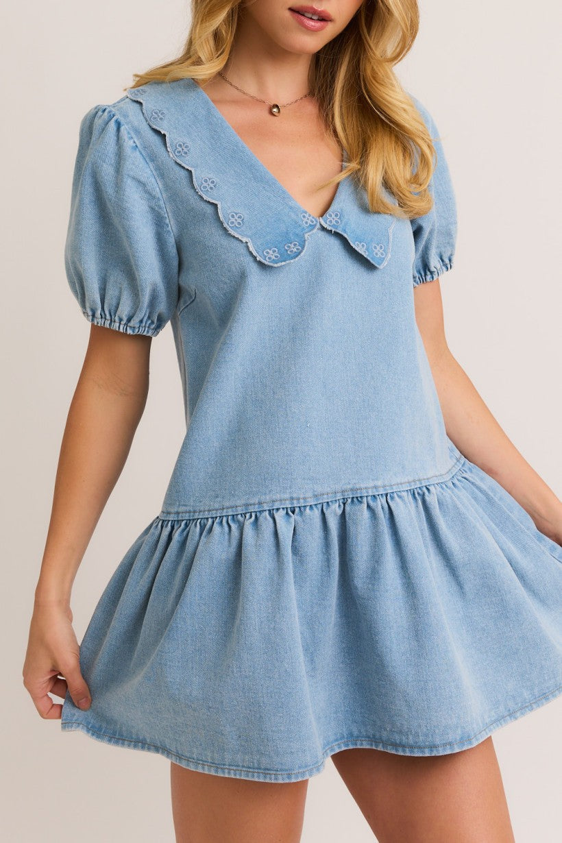 Puff Sleeve Collared Denim Dress