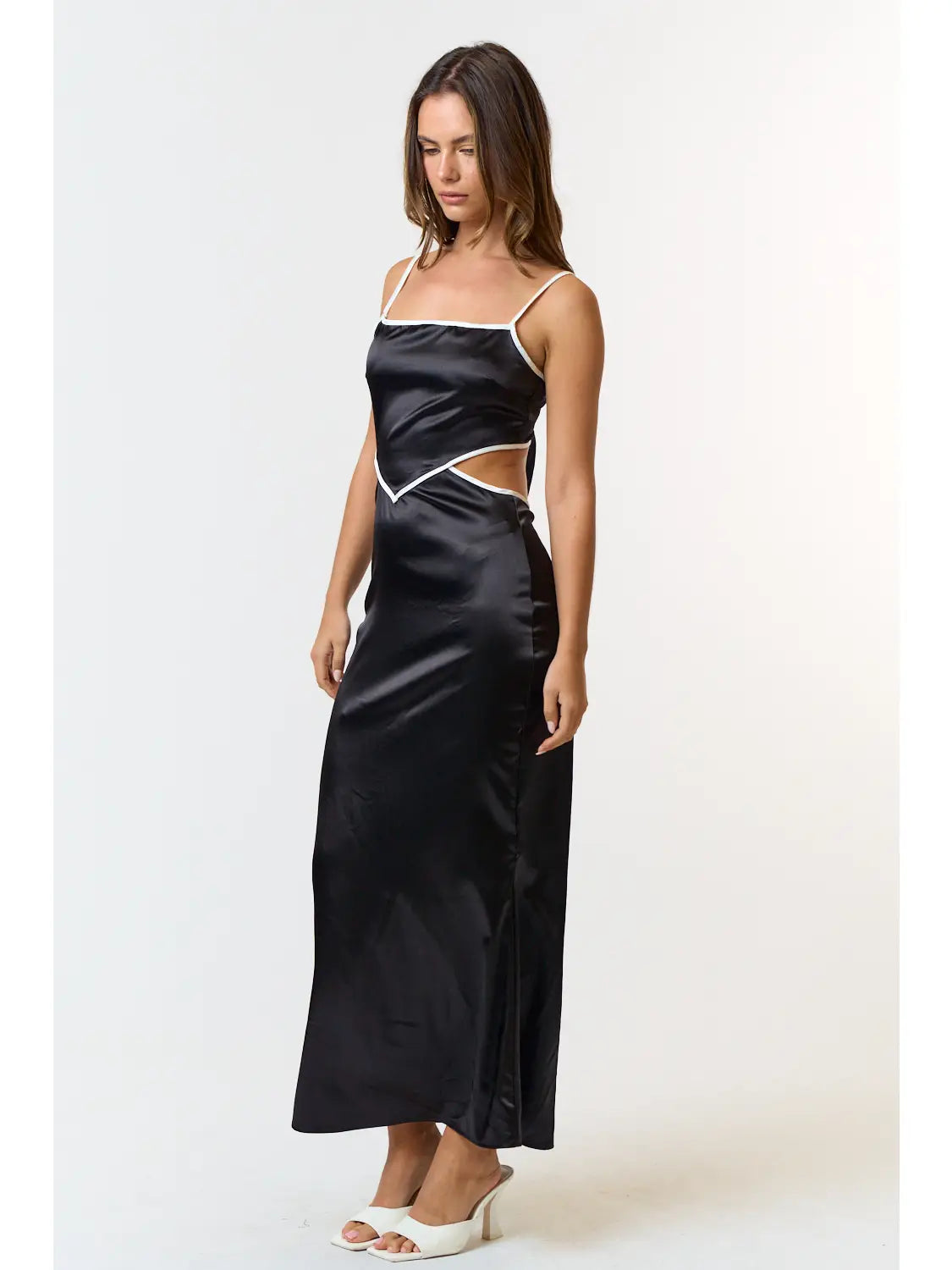 Satin Contrast Binding Cut Out Back Tie Maxi Dress