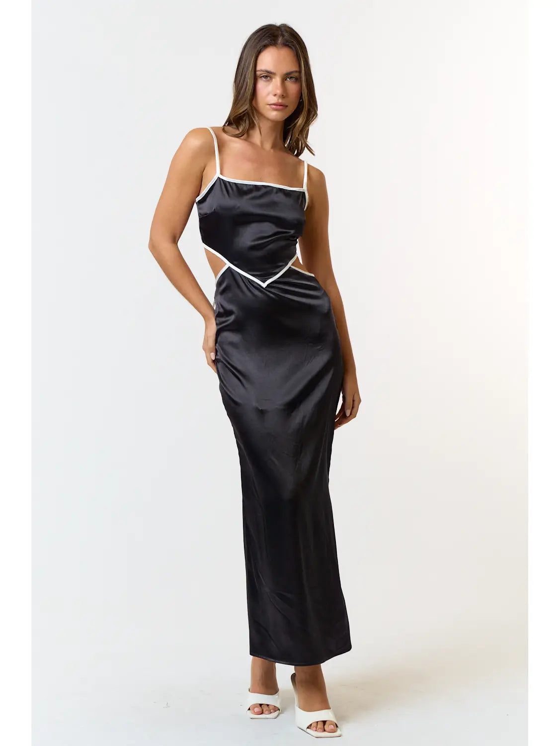 Satin Contrast Binding Cut Out Back Tie Maxi Dress