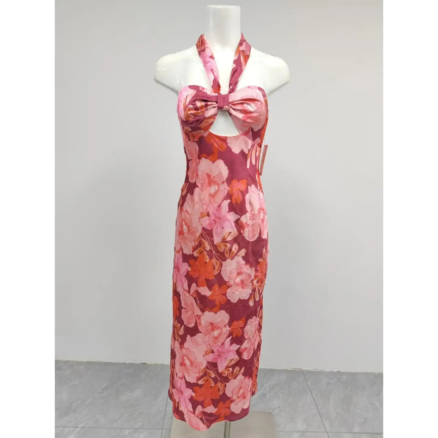 Printed Satin Midi Dress Halter Neckline