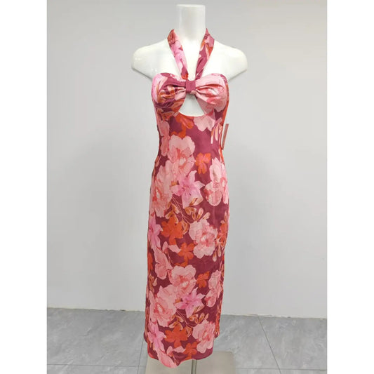 Printed Satin Midi Dress Halter Neckline