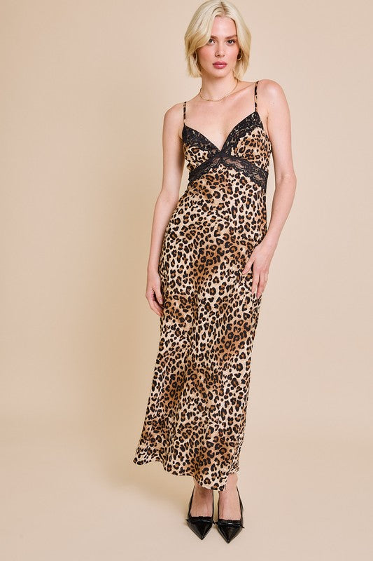 Lace Trimmed Leopard Print Maxi Dress