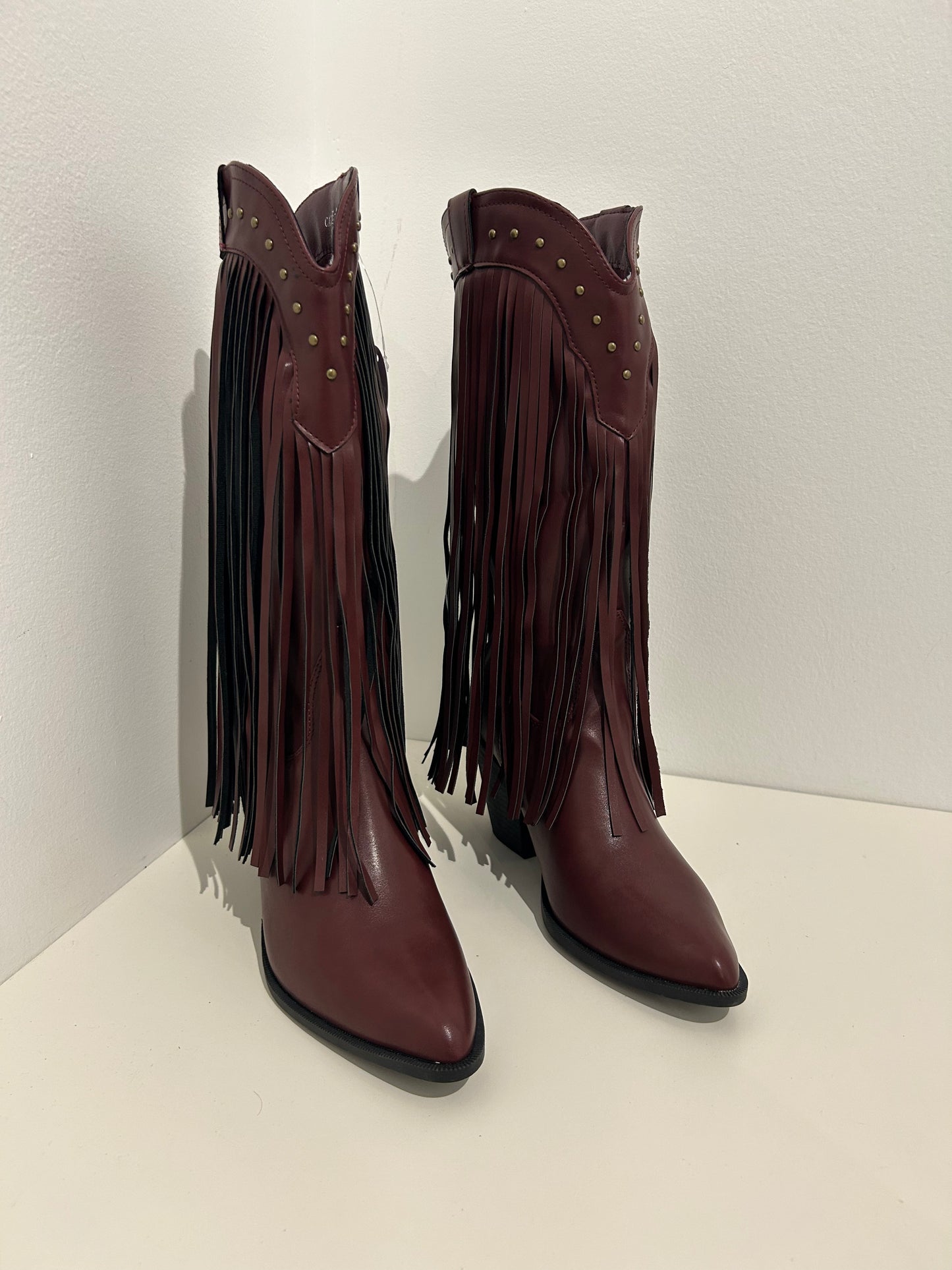 Studded Black and Maroon Fringe Boots