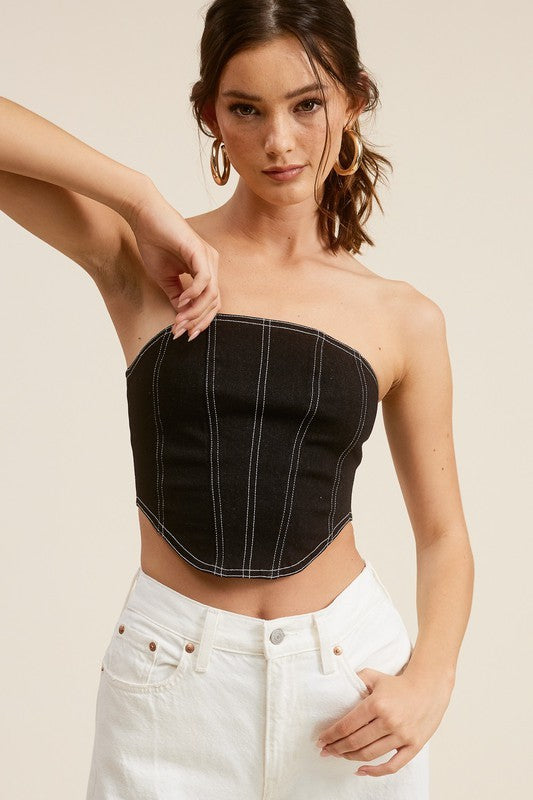 Corset Style Washed Soft Denim Tube Top