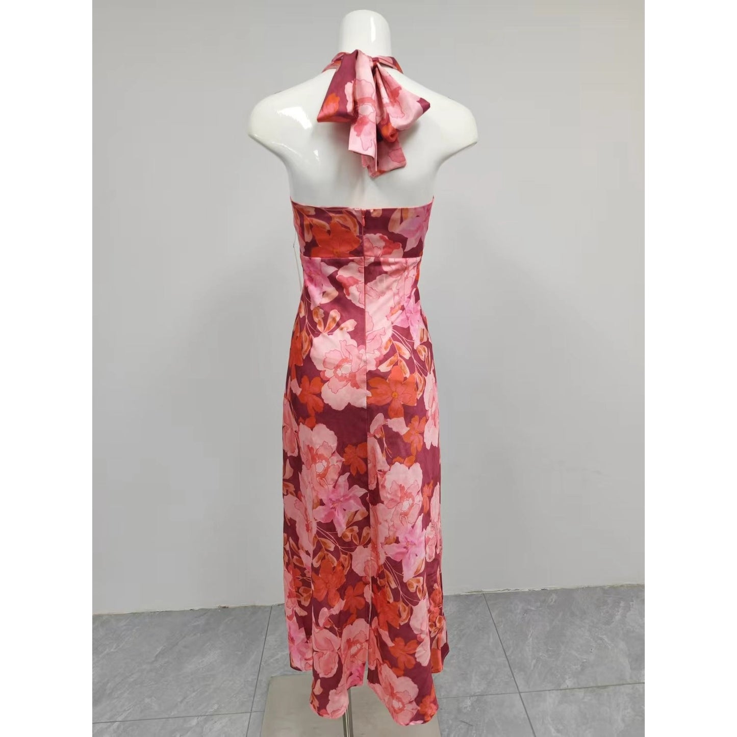 Printed Satin Midi Dress Halter Neckline