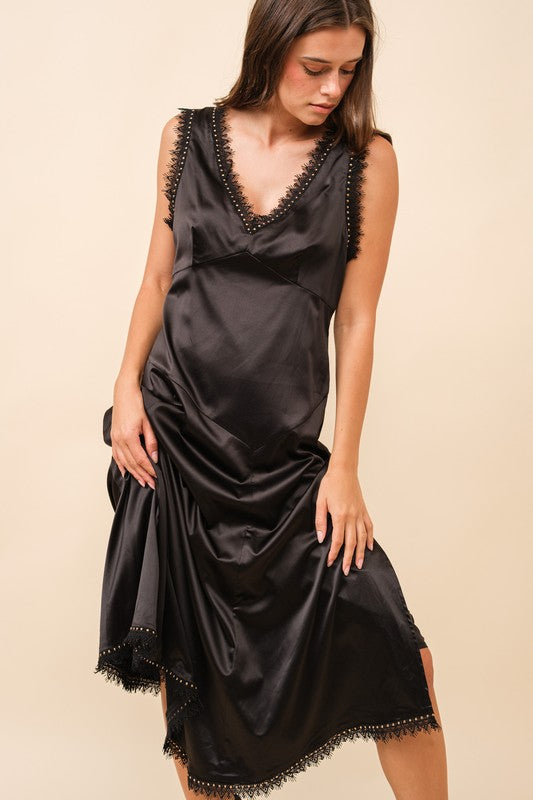 Asymmetrical Satin Studded Lace Sleeveless Midi Dress