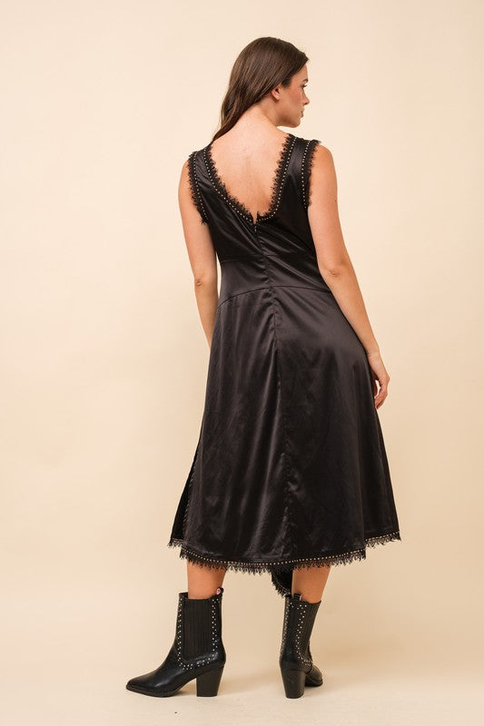 Asymmetrical Satin Studded Lace Sleeveless Midi Dress