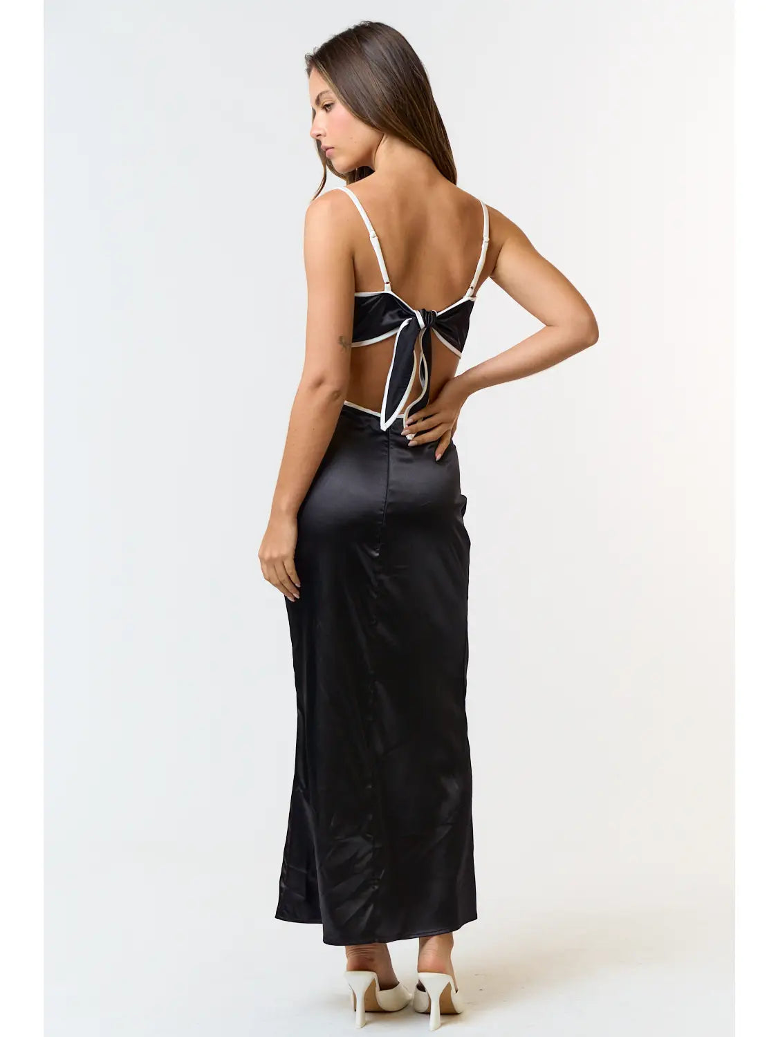 Satin Contrast Binding Cut Out Back Tie Maxi Dress