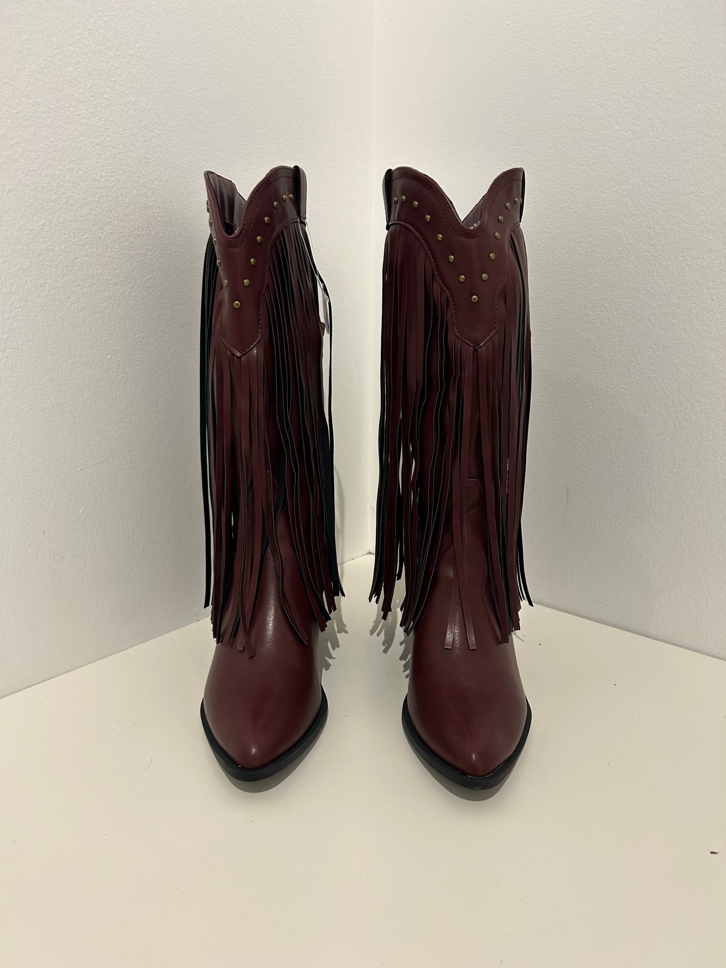 Studded Black and Maroon Fringe Boots