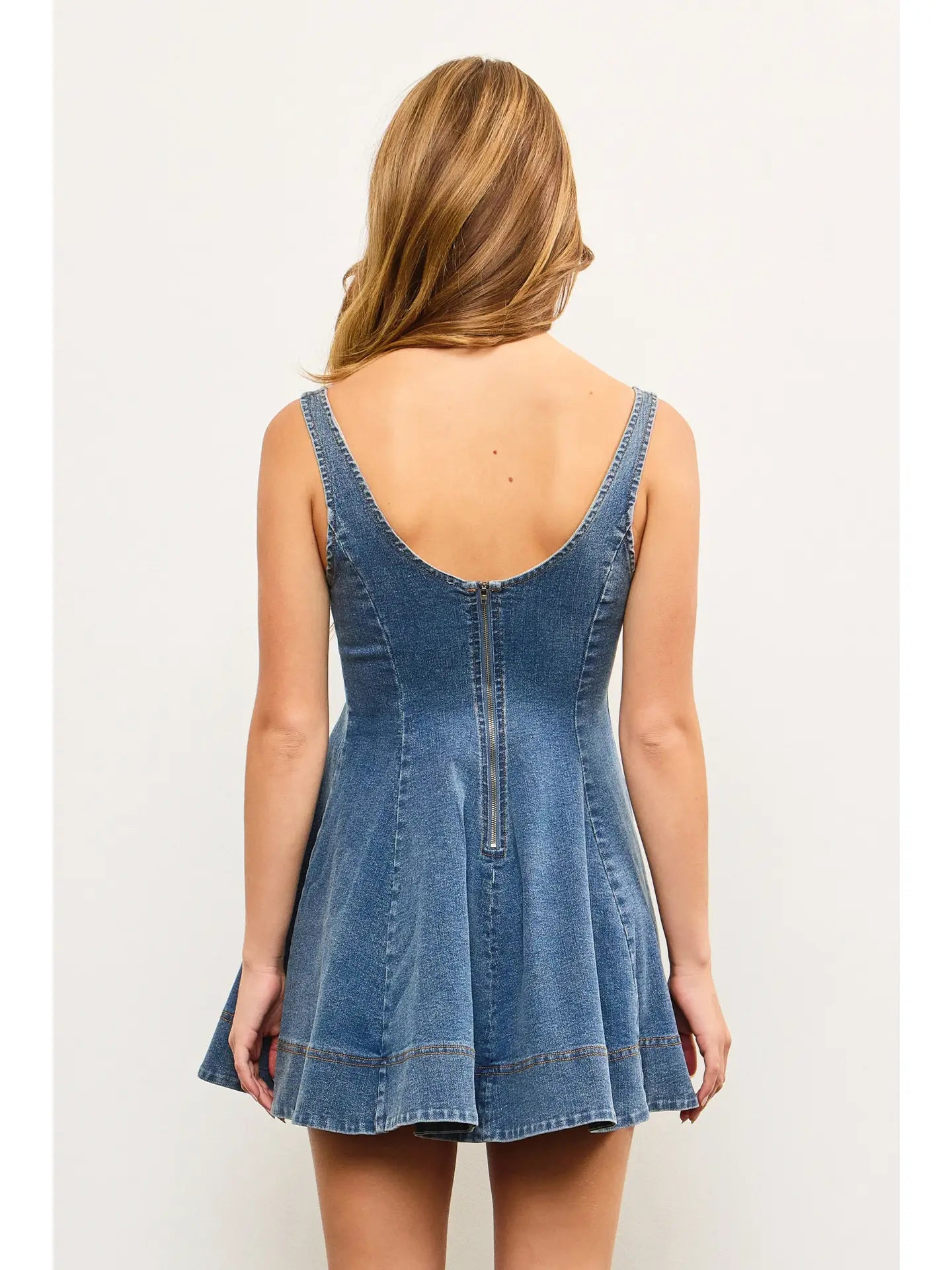 Flare Seamed Sleeveless Denim Dress