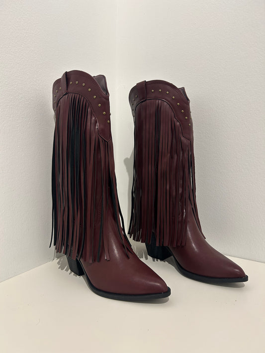 Studded Black and Maroon Fringe Boots