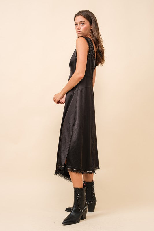 Asymmetrical Satin Studded Lace Sleeveless Midi Dress