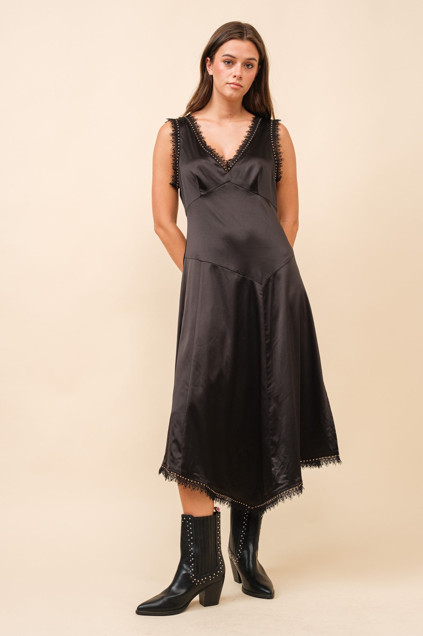 Asymmetrical Satin Studded Lace Sleeveless Midi Dress