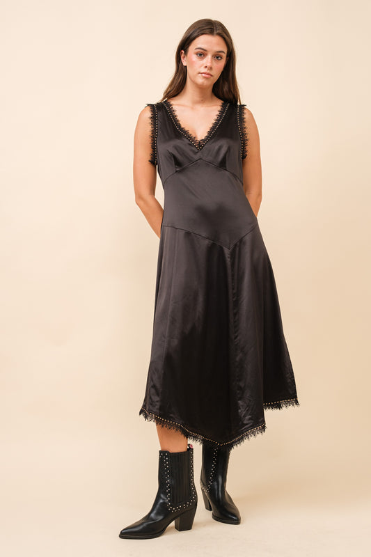 Asymmetrical Satin Studded Lace Sleeveless Midi Dress