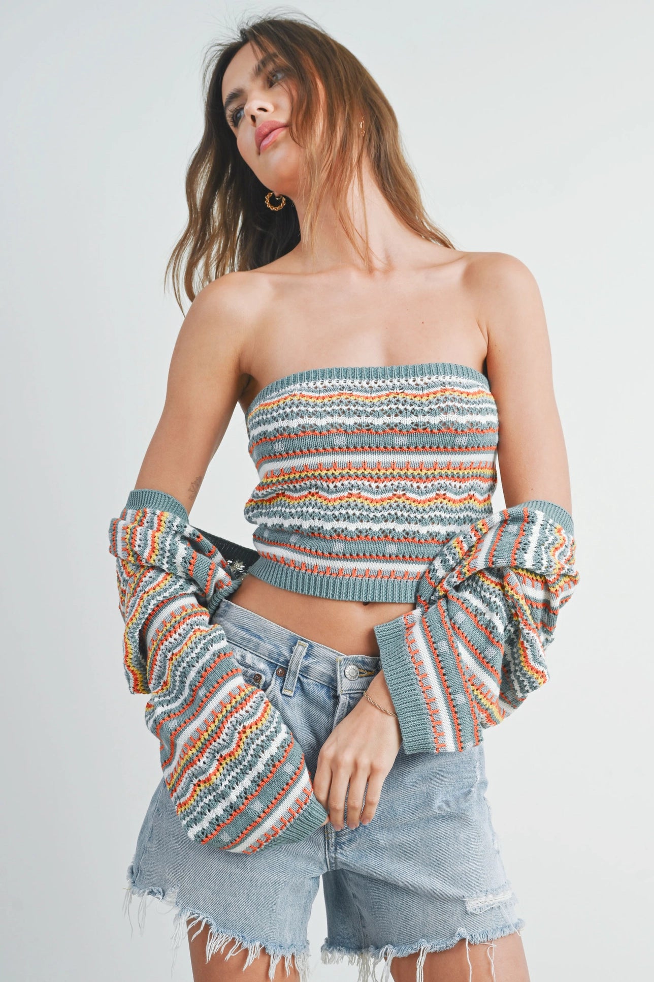 Striped and Geo Pattern Sweater Knit Tube Top