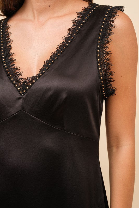 Asymmetrical Satin Studded Lace Sleeveless Midi Dress